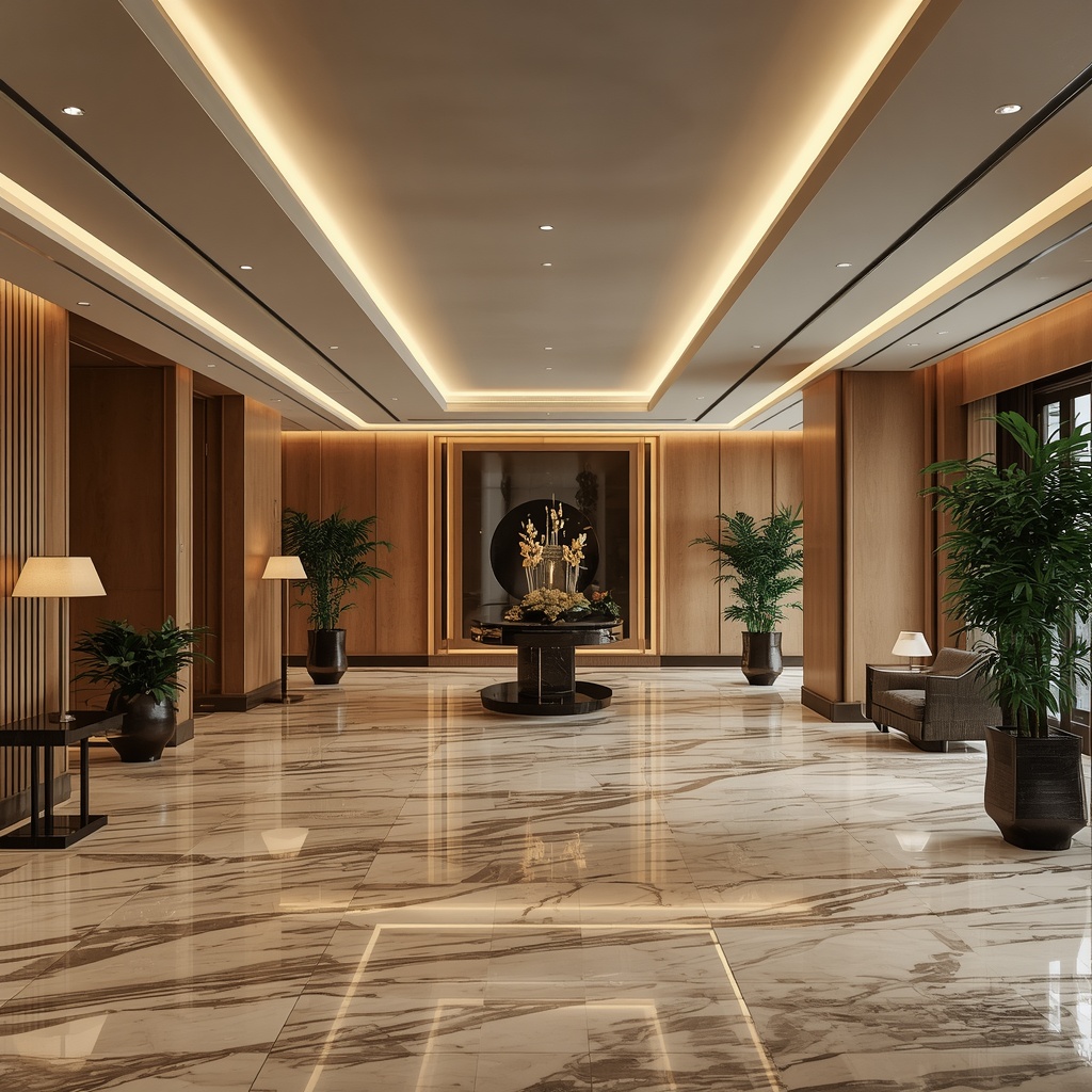 Elegant lobby interior with marble floors ambient lighting and tasteful modern decor