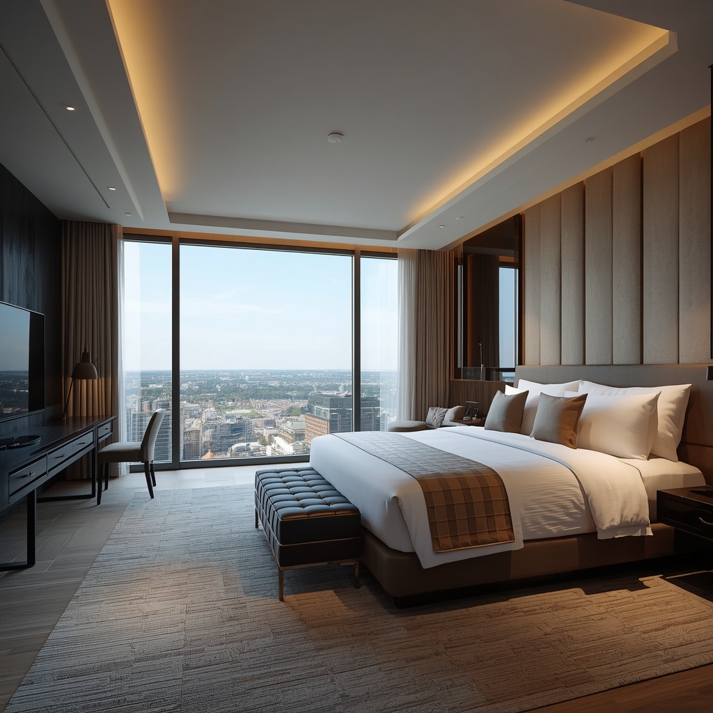 Luxurious hotel room with king size bed panoramic window and modern minimalist design